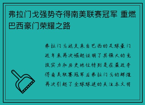 弗拉门戈强势夺得南美联赛冠军 重燃巴西豪门荣耀之路