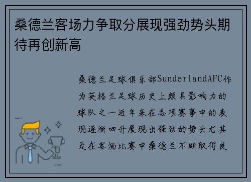 桑德兰客场力争取分展现强劲势头期待再创新高