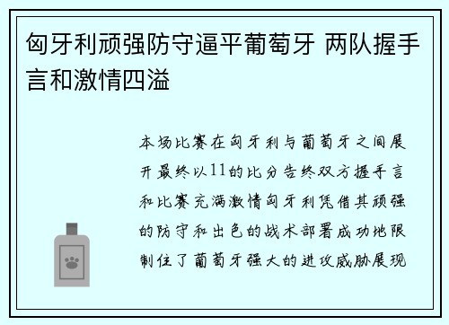 匈牙利顽强防守逼平葡萄牙 两队握手言和激情四溢