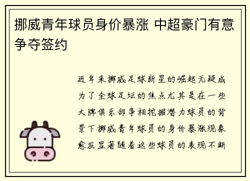挪威青年球员身价暴涨 中超豪门有意争夺签约