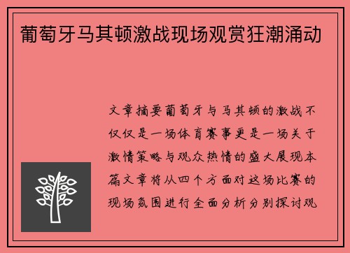 葡萄牙马其顿激战现场观赏狂潮涌动