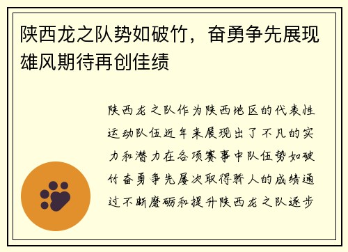 陕西龙之队势如破竹，奋勇争先展现雄风期待再创佳绩