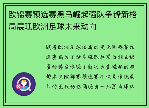 欧锦赛预选赛黑马崛起强队争锋新格局展现欧洲足球未来动向