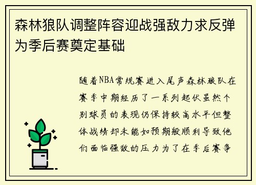 森林狼队调整阵容迎战强敌力求反弹为季后赛奠定基础